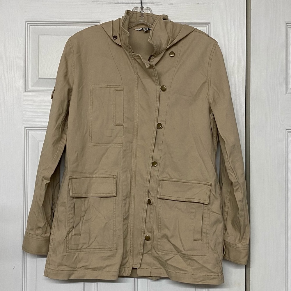CAbi Nanook Hooded Twill Tan Utility Jacket Barn Chore Coat Sz Small